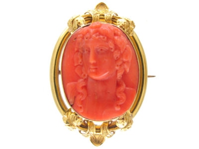 Carved Coral Late Georgian Cameo Brooch of Classical Lady’s Head