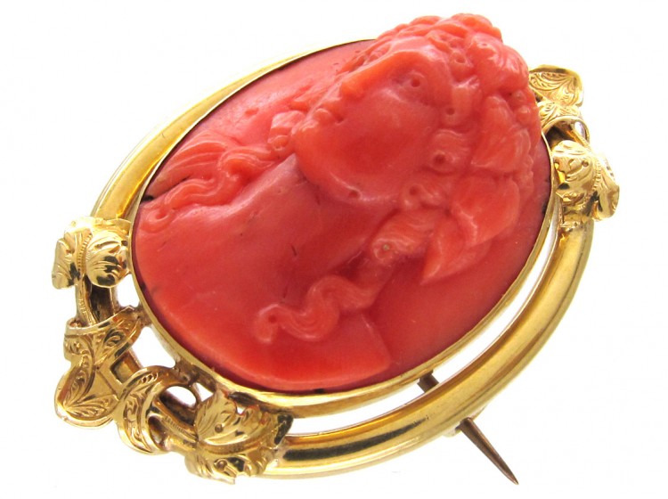 Carved Coral Late Georgian Cameo Brooch of Classical Lady's Head