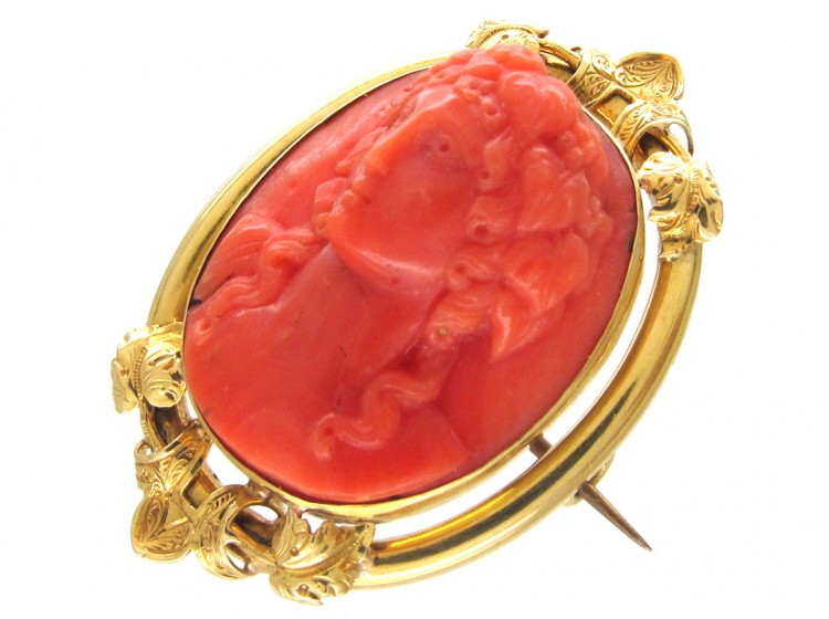 Carved Coral Late Georgian Cameo Brooch of Classical Lady's Head