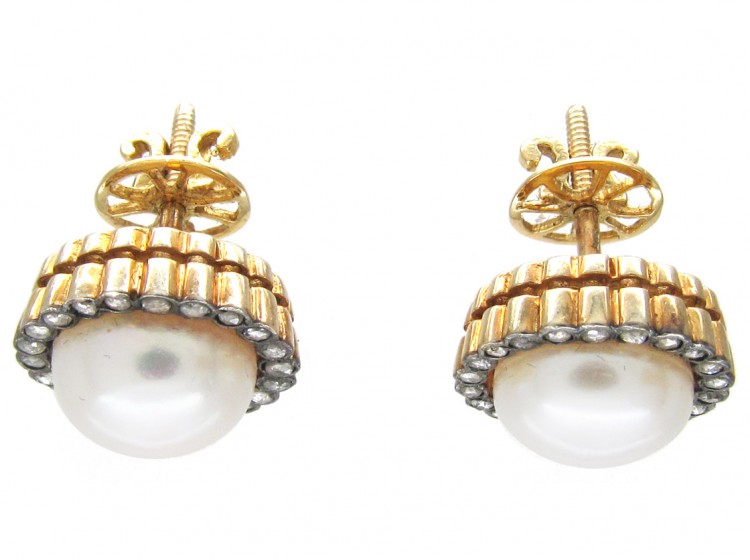 18ct Gold Rose Diamond & Pearl Round Earrings