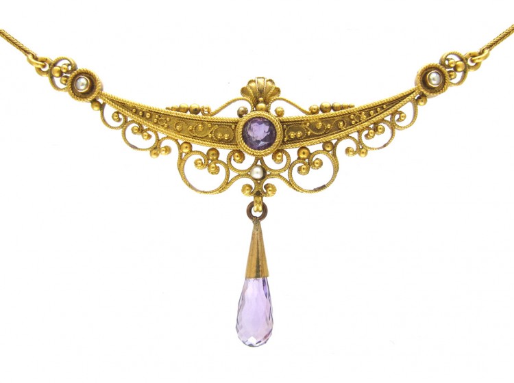 Victorian Etruscan Style Amethyst 18ct Gold Necklace
