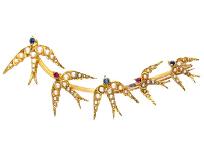 Edwardian Large 15ct Gold Swallows Brooch