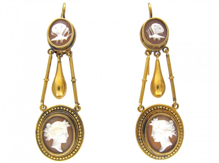 Neoclassical 15ct Gold Drop Cameo Earrings