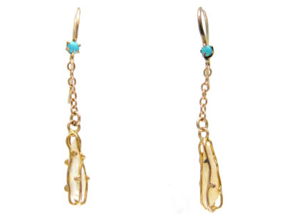Art Nouveau 9ct Gold Caged Pearl & Turquoise Earrings
