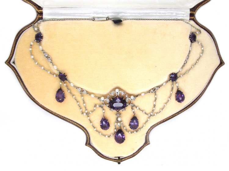 Edwardian Amethyst, Natural Pearl, Diamond & Platinum Necklace