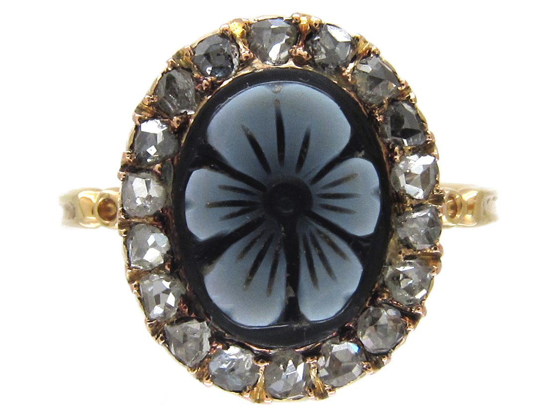 Victorian Sardonyx Pansy Ring with Diamond surround (635F) The