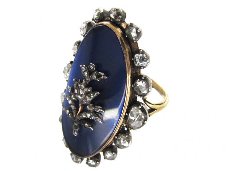 Georgian Rose Diamond & Blue Enamel Oval Ring