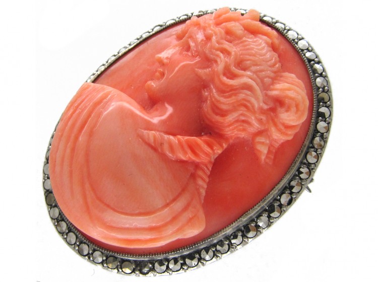 Art Deco Silver, marcasite & Carved Coral Classical Ladies Head Brooch