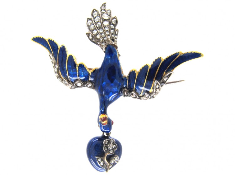 Georgian 18ct Gold Royal Blue Enamel & Diamond Dove of Peace Brooch