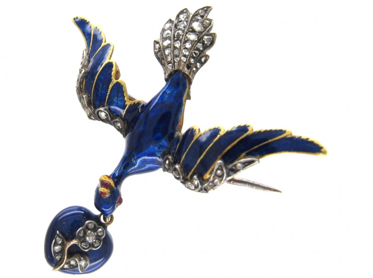 Georgian 18ct Gold Royal Blue Enamel & Diamond Dove of Peace Brooch