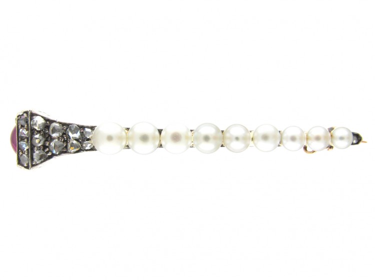 Edwardian Horseshoe Nail Diamond, Ruby & Natural Pearls Brooch