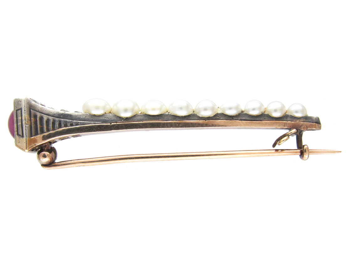 Edwardian Horseshoe Nail Diamond, Ruby & Natural Pearls Brooch (668F) The Antique Jewellery