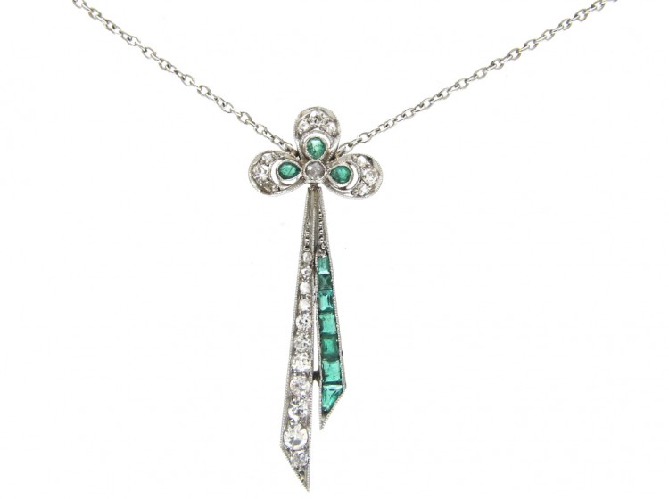 Art Deco Emerald & Diamond Bow Pendant in Original Case
