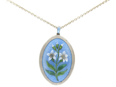 Edwardian Enamel & Silver Flower Lilies Pendant on Chain in Original Case