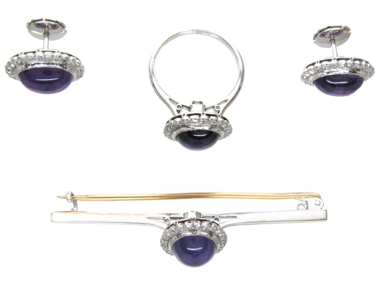 A Cased Set of 18ct White Gold & Amethyst & Diamond Earrings, Ring & Brooch