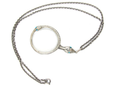 Silver Double Snake Quizzing Glass Pendant on Silver Chain