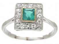 Art Deco Emerald & Diamond Square Ring
