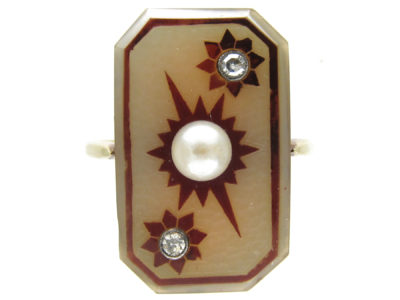 Art Deco 18ct Gold Comet & Stars Carved Carnelian & Pearl Ring