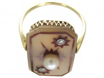 Art Deco 18ct Gold Comet & Stars Carved Carnelian & Pearl Ring