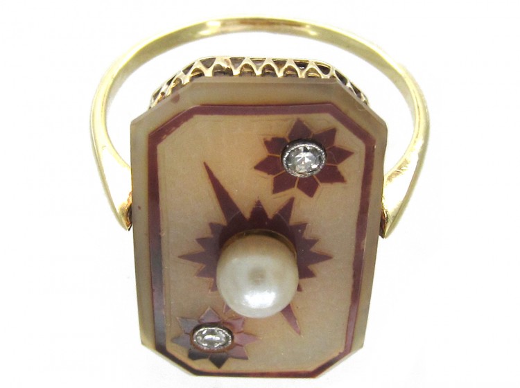 Art Deco 18ct Gold Comet & Stars Carved Carnelian & Pearl Ring