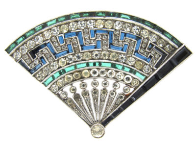 Art Deco Silver & Paste Fan Brooch in Original Case