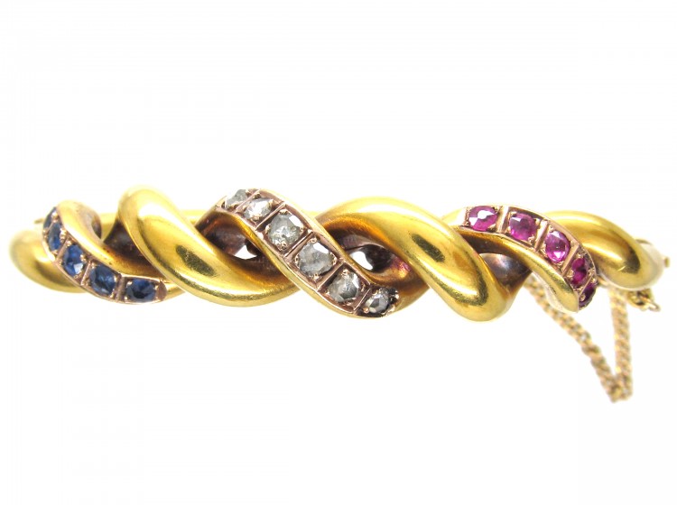 Edwardian 15ct Gold Ruby, Sapphire & Diamond Bangle
