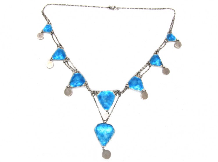 Art Nouveau Silver, Blue Enamel & Blister Pearl Necklace