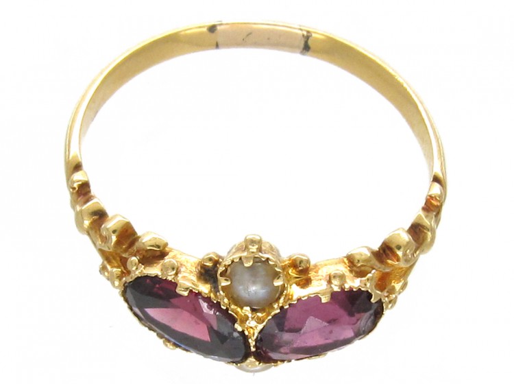 Victorian 18ct Gold, Garnet & Natural Split Pearl Ring