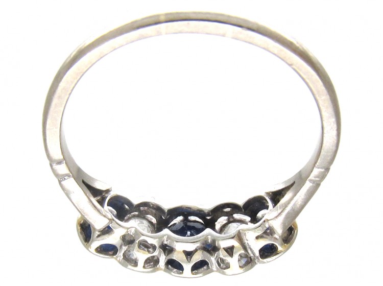 Three Stone Sapphire & Diamond 18ct White Gold Art Deco Ring