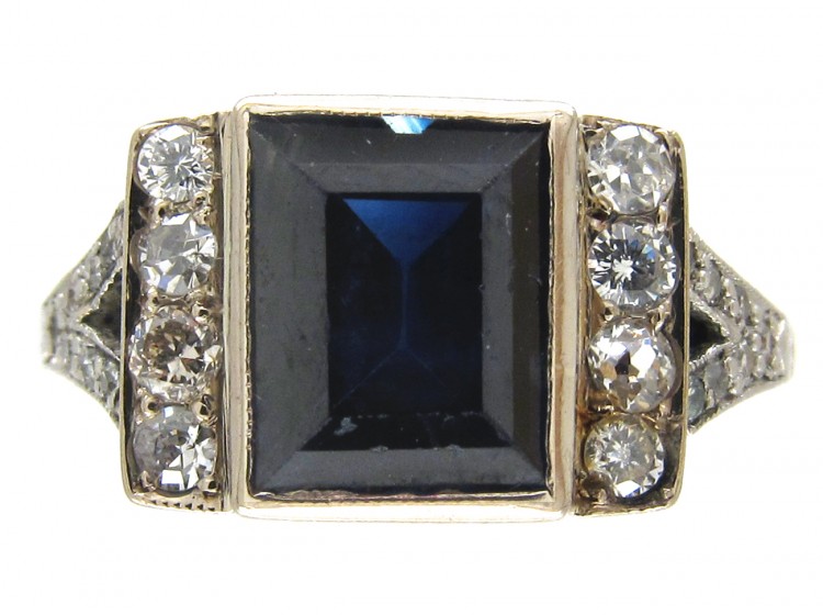 Art Deco Rectangular Sapphire & Diamond Ring with Diamond Shoulders