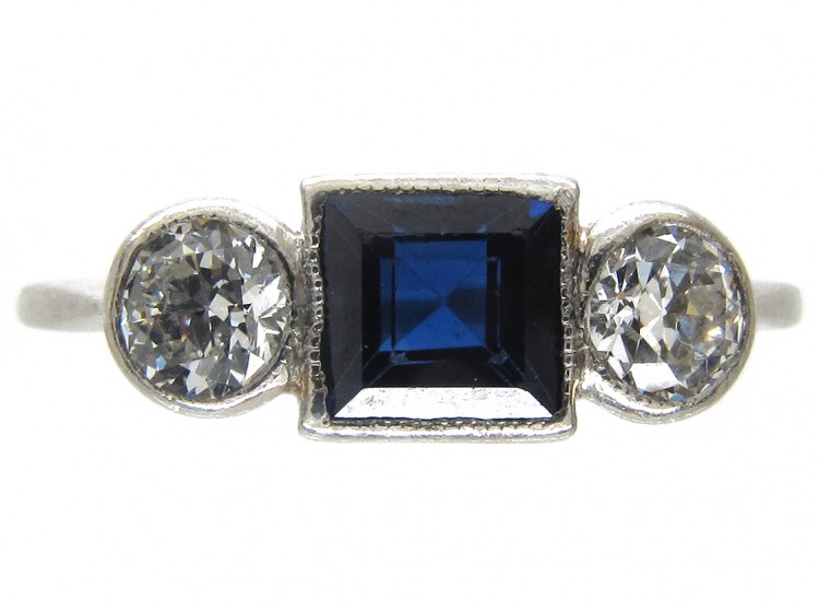 Art Deco Three Stone Square Sapphire & Diamond Ring