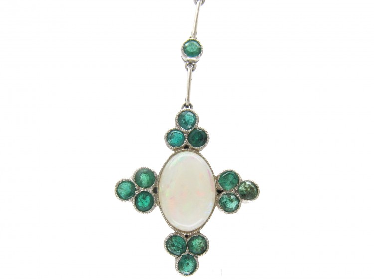 Art Deco Emerald & Opal Pendant on Chain