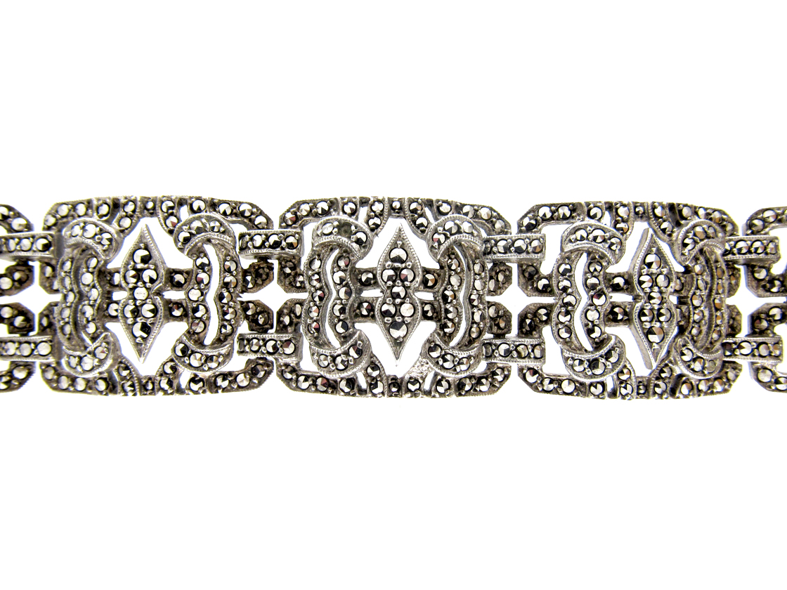Bracciale Lungo Vintage Art Deco In Cristallo E Marcasite, Argento Placcato, 18 Cm