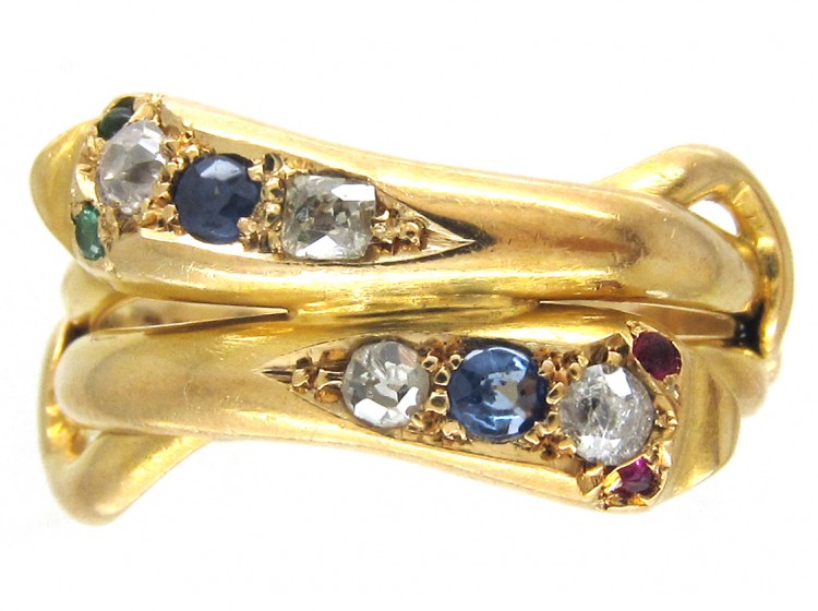 Edwardian 18ct Gold Sapphire Diamond Emerald & Ruby Double Snake Ring