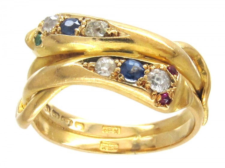 Edwardian 18ct Gold Sapphire Diamond Emerald & Ruby Double Snake Ring