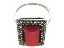 Art Deco Silver, Coral & Marcasite Ring