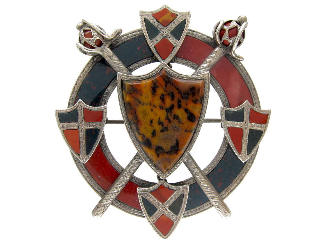 Scottish Victorian Shield and Garter Silver Brooch Pin 