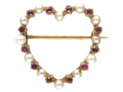 Edwardian Ruby & Pearl Heart Brooch in Original Case