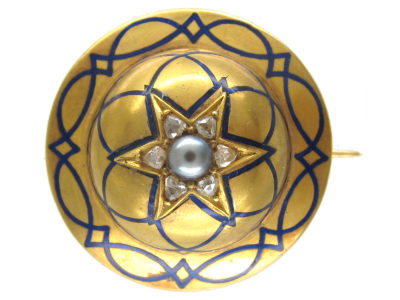 Victorian 18ct Gold Royal Blue Enamel & Diamond Round Brooch