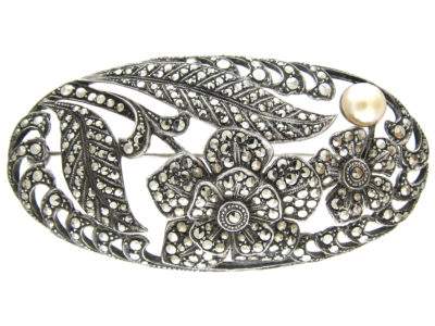 Art Deco Silver & Marcasite Oval Flowers Brooch
