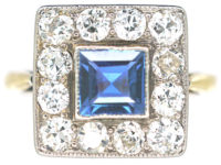 Art Deco 18ct Gold & Platinum Square Sapphire & Diamond Ring