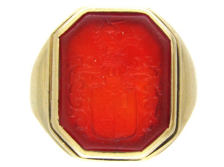 Carved Carnelian Intaglio Crest Signet Ring