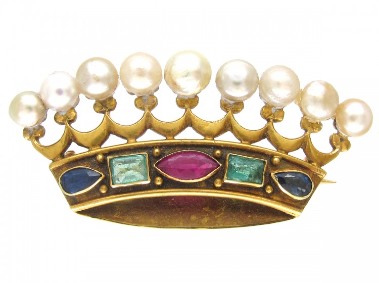 Victorian 18ct Gold & Multi Gem Stone Crown Brooch