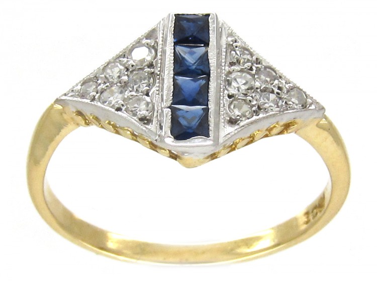 Art Deco Sapphire Stripe & Diamond Triangles Ring