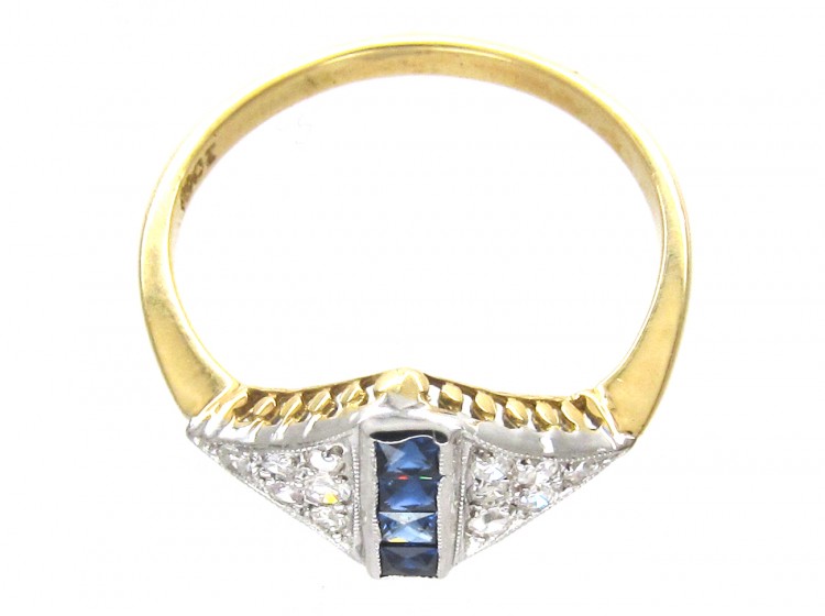 Art Deco Sapphire Stripe & Diamond Triangles Ring