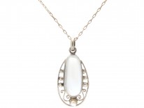 Art Deco Silver, Moonstone & Pearl Pendant on Silver Chain