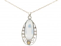Art Deco Silver, Moonstone & Pearl Pendant on Silver Chain