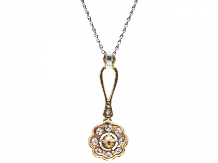 Edwardian Diamond & Natural Pearl Flower Pendant on White Gold Chain
