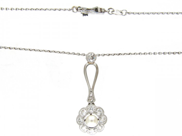 Edwardian Diamond & Natural Pearl Flower Pendant on White Gold Chain