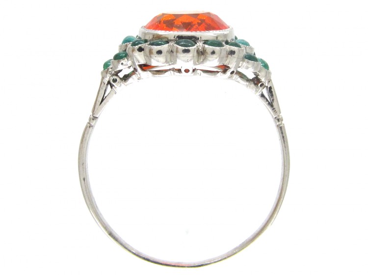 Edwardian Fire Opal & Carved Cabochon Emerald Ring